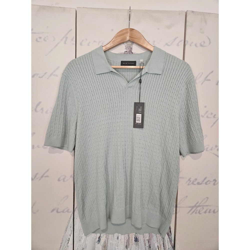 Elie Tahari Womens Seafoam Green Cable Knit Short Sleeve Polo Sweater Size M NEW